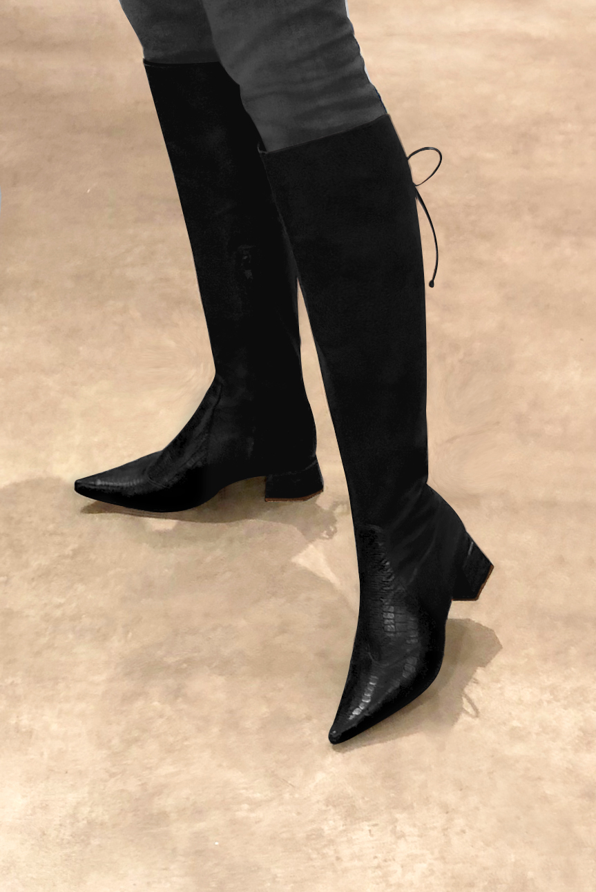 Satin black women's knee-high boots, with laces at the back. Pointed toe. Low flare heels. Made to measure. Worn view - Florence KOOIJMAN